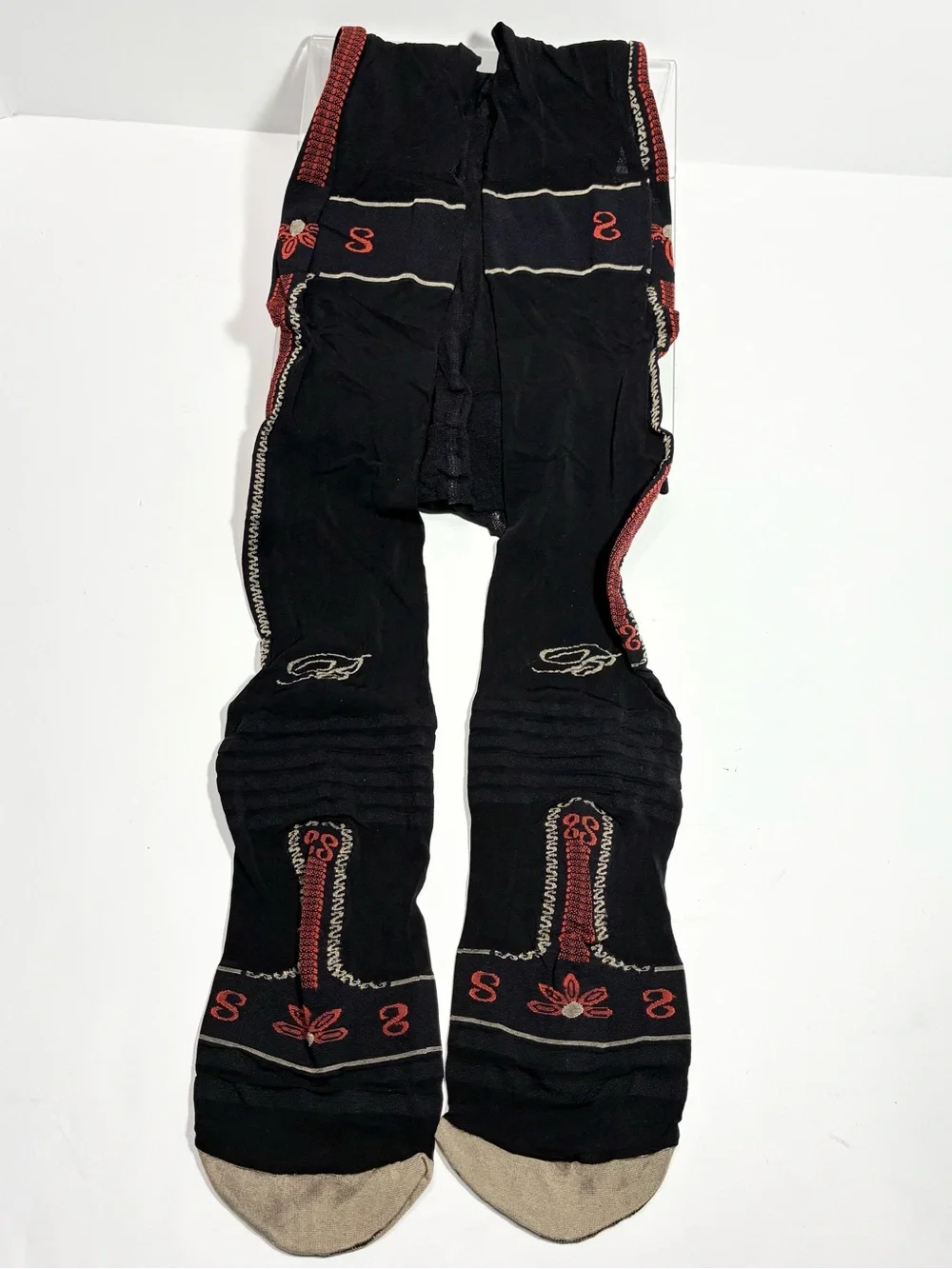 Berthe France Sheer Patterned Designer Tights Black Red Size 3/4 (M/L)